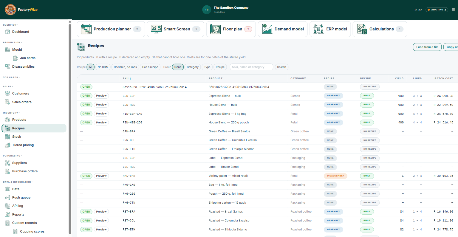 FactoryWize — A recipe that knows what a batch costs