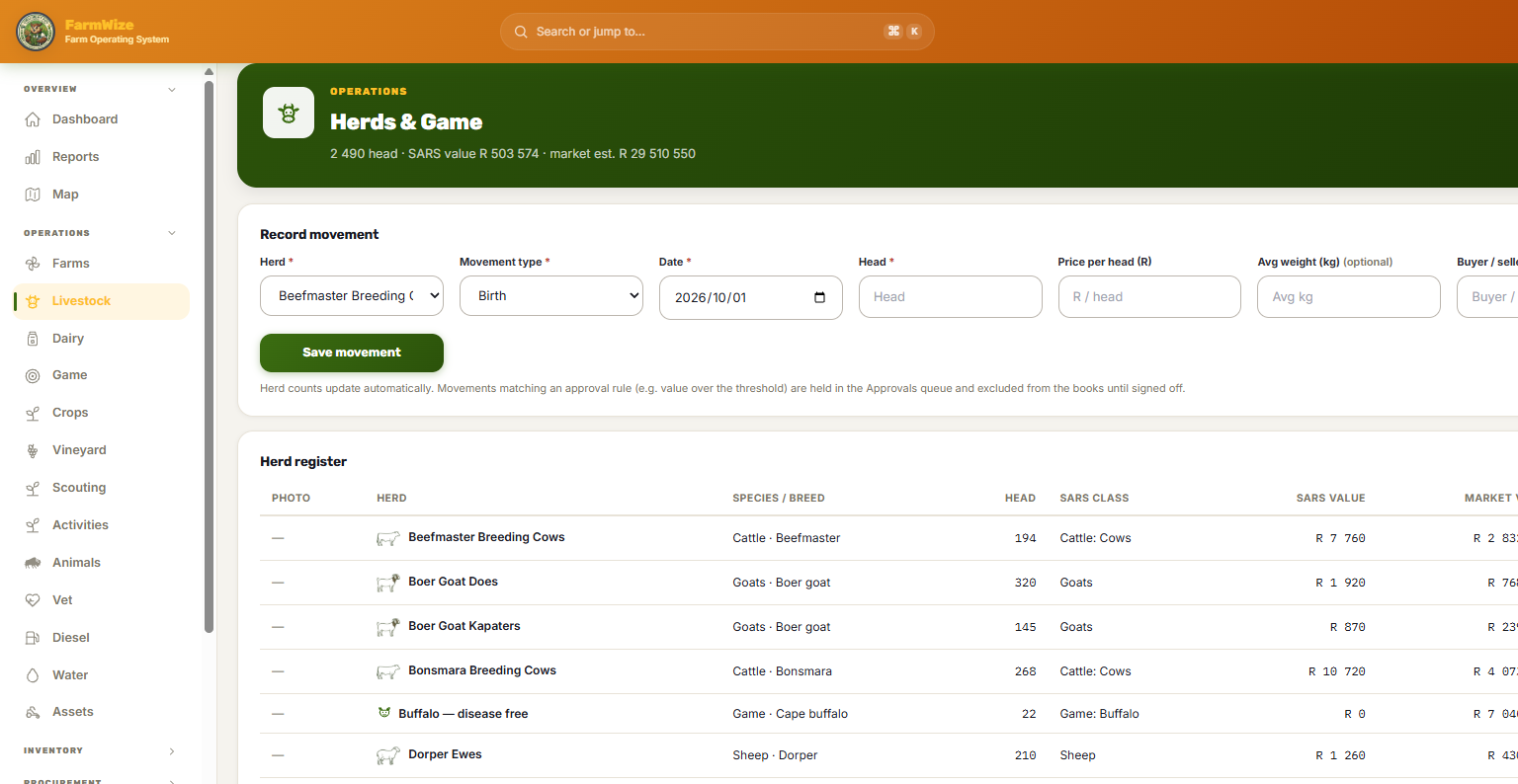 FarmWize — Herd movements without a second ledger